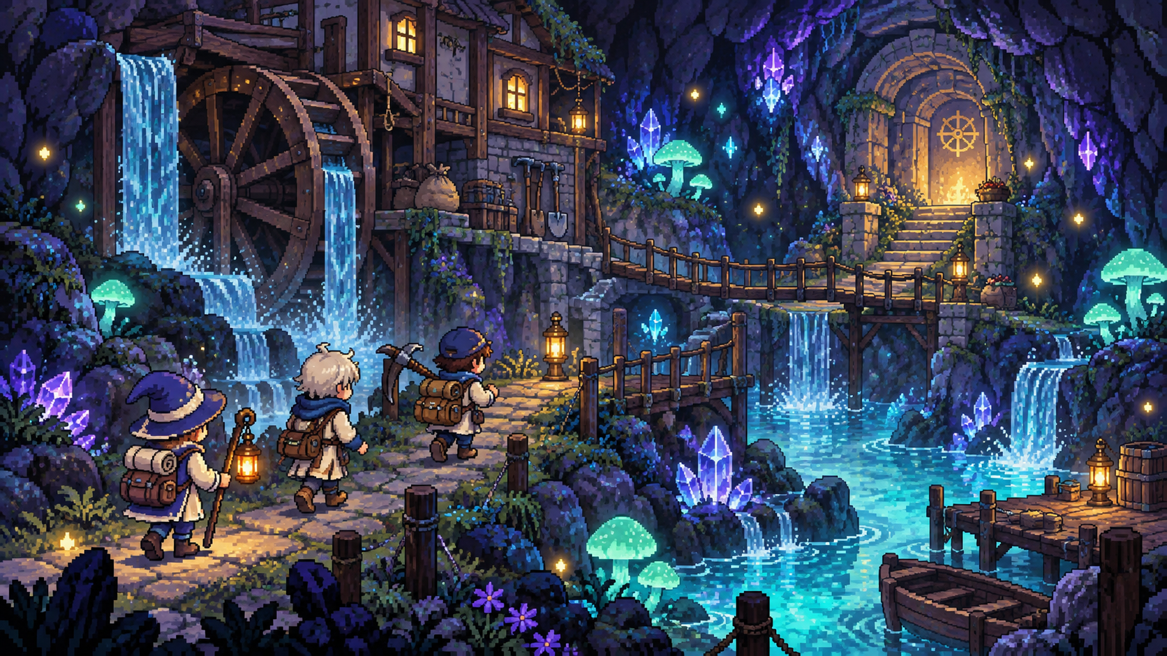 Three pixel explorers with lanterns at a glowing crystal cave